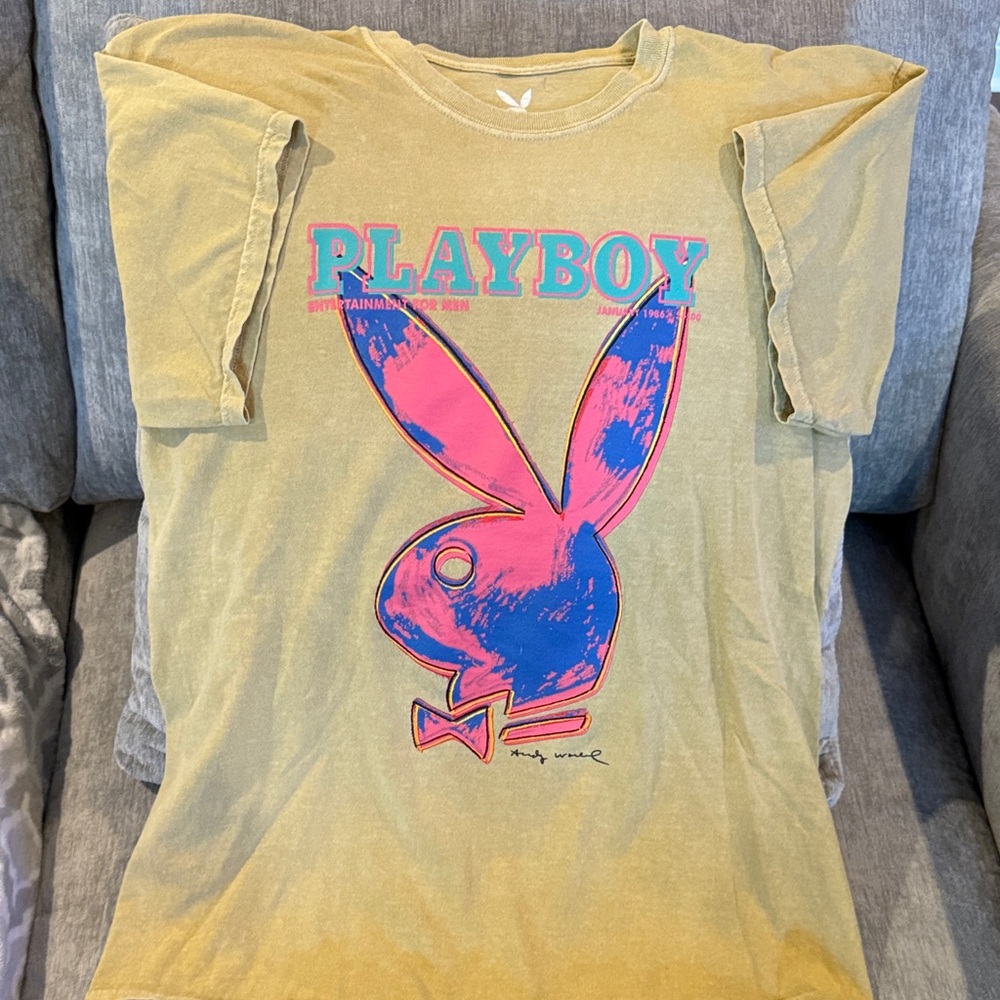 PLAYBOY Women’s Yellow Graphic Tee with Pink & Blue Logo